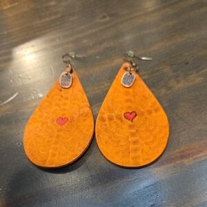 Handmade Stamped Leather Heart Drop Earrings